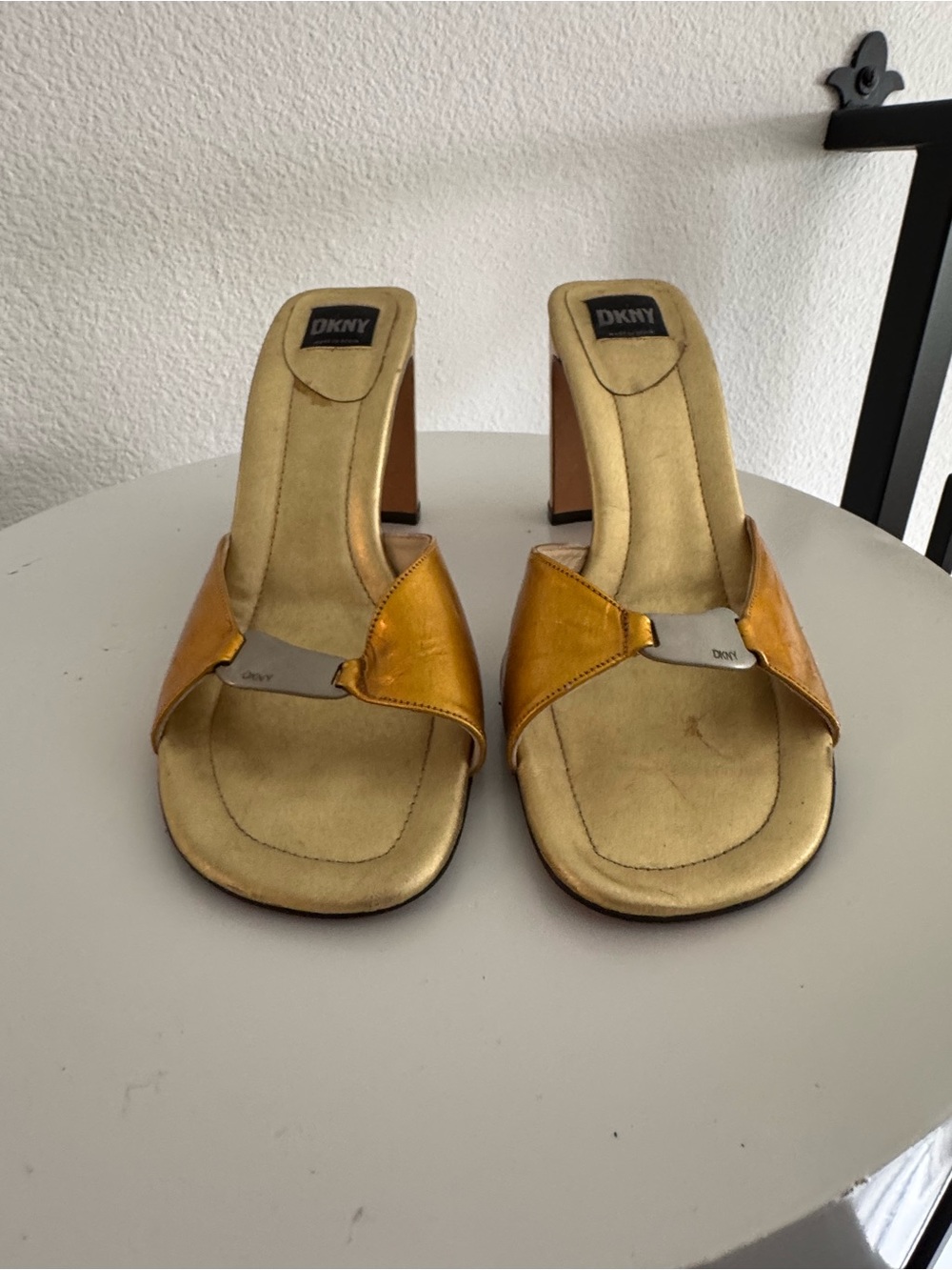 Dkny Metallic Gold Open-Toe Slip-On Heeled Mules